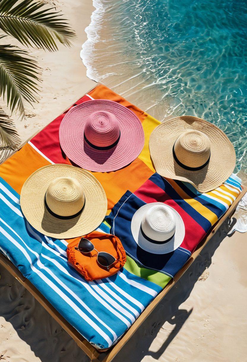 A stylish beach scene featuring trendy accessories like large sun hats, colorful beach towels, and fashionable cover-ups draped over a sun lounger. The ocean waves gently crash in the background while a bright sun shines overhead, casting playful shadows. Include a beach bag overflowing with sunglasses and sunscreen to showcase the summer vibe. The overall color palette should be vibrant and summery, evoking a sense of relaxation and fun. super-realistic. vibrant colors. natural lighting.