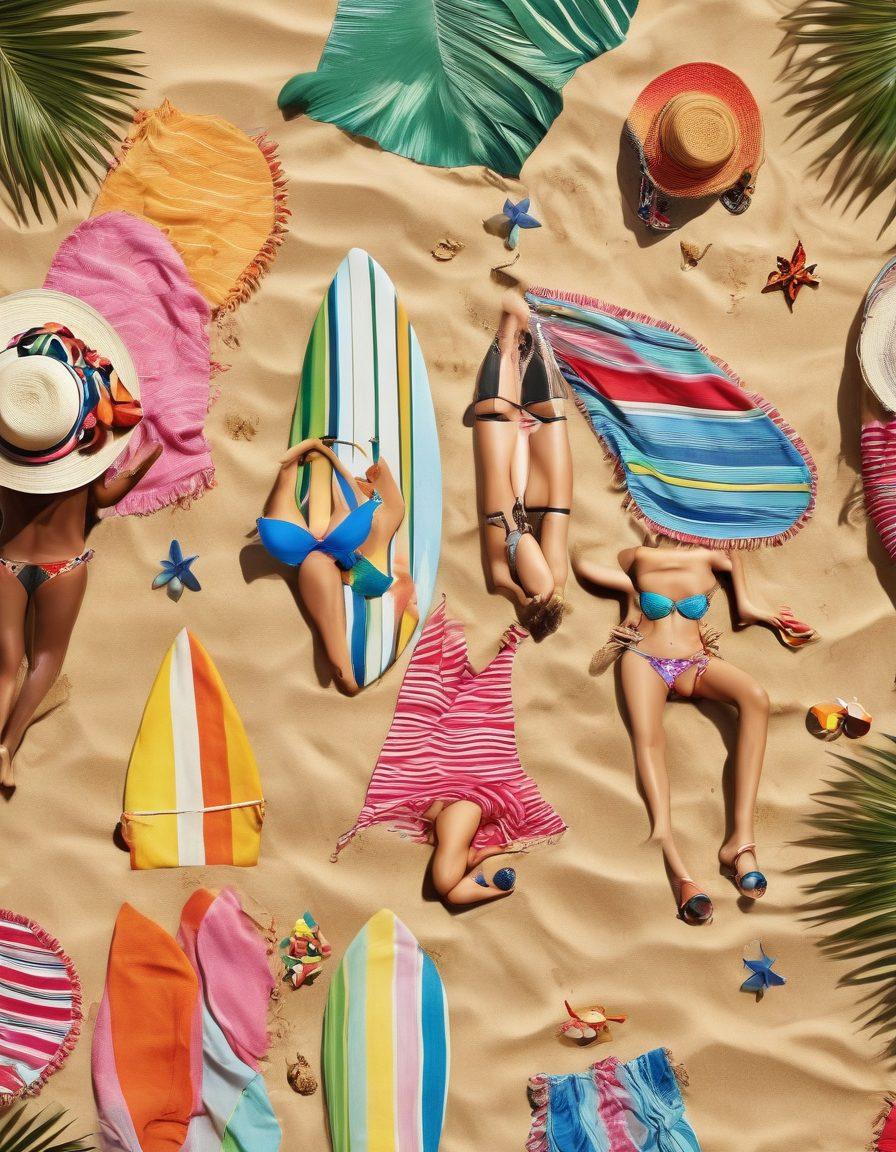 A vibrant beach scene featuring a diverse group of fashionable individuals showcasing various chic bikini styles and beach accessories. The sun is shining brightly, with palm trees lining the background and colorful beach towels spread on the golden sand. Include elements like surfboards, sun hats, and sunglasses to emphasize beach fashion trends. super-realistic. vibrant colors. sunny atmosphere.